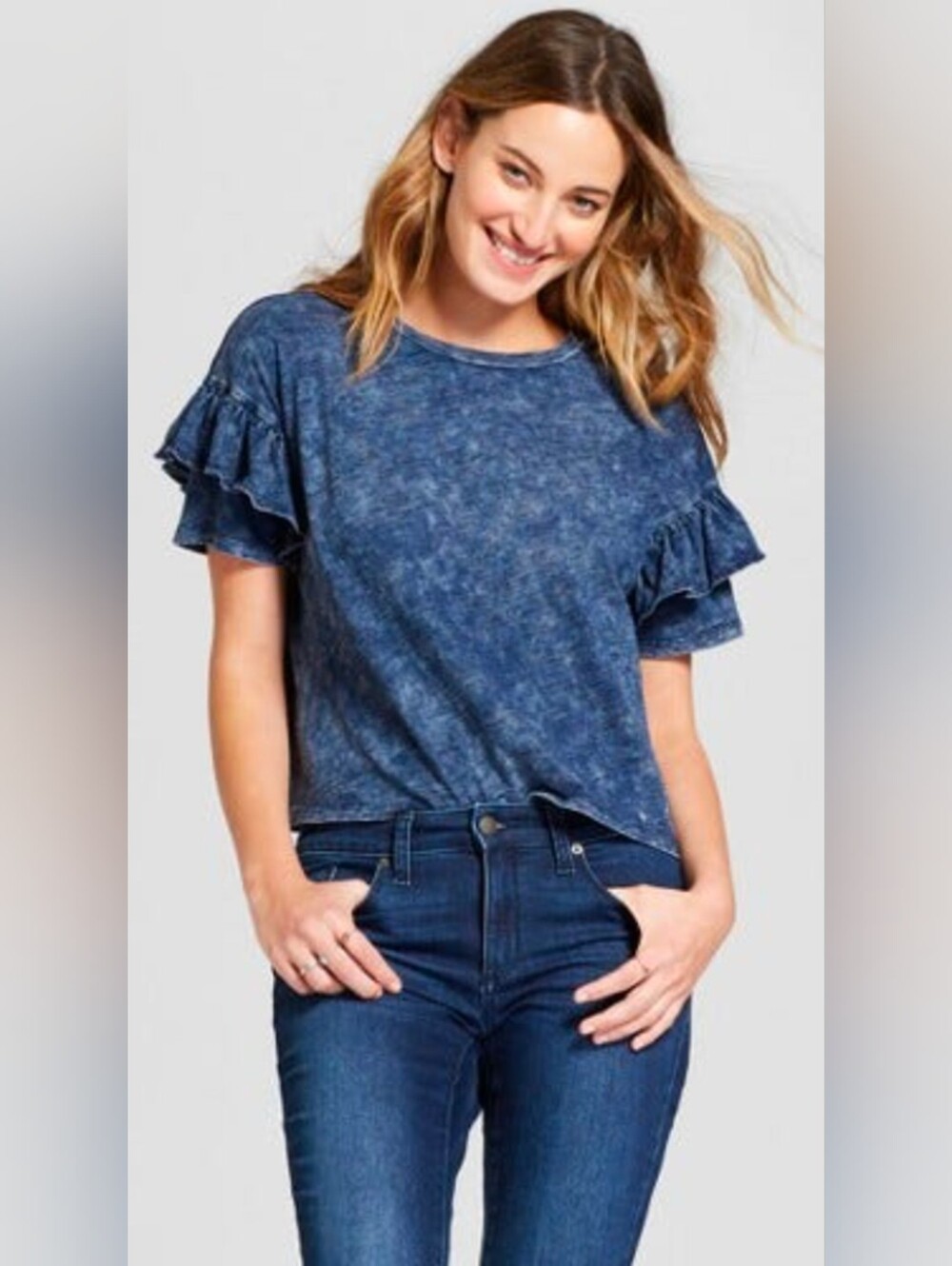 Universal Thread 100% Cotton Denim Effect Short Blue Ruffle Sleeve Tee Small